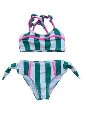 SweetHoney Size 3T Green and White Stripe Two Piece Bikini Ruffle Swimsuit